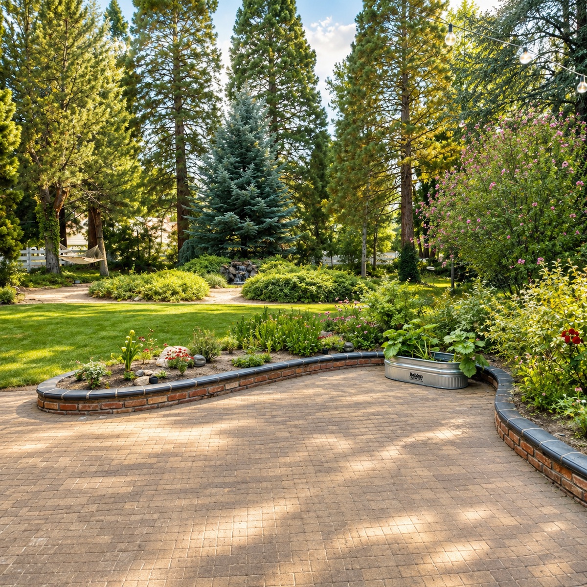 The garden and paved patio at the Breath of Gold retreat house in Reno